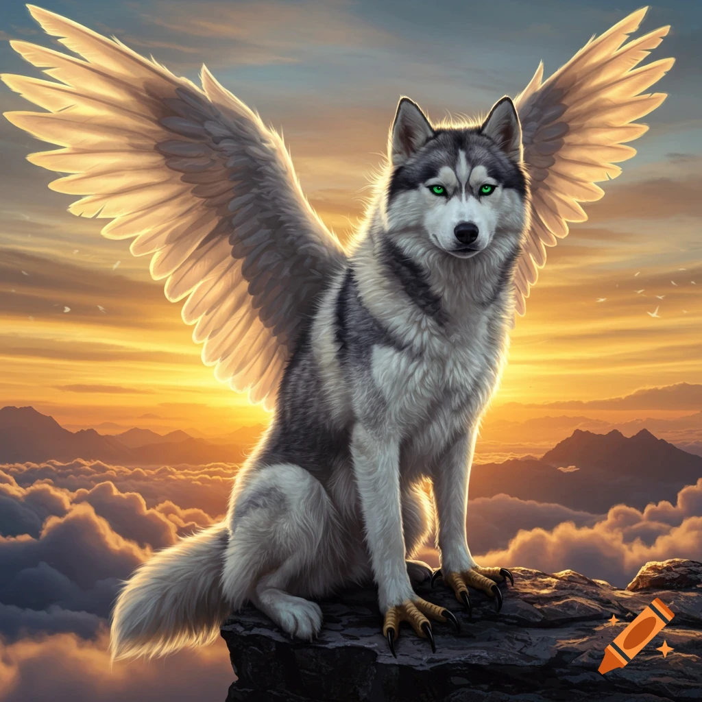 A majestic winged husky with green eyes and eagle talons sits on a rocky mountain peak above clouds at sunset.