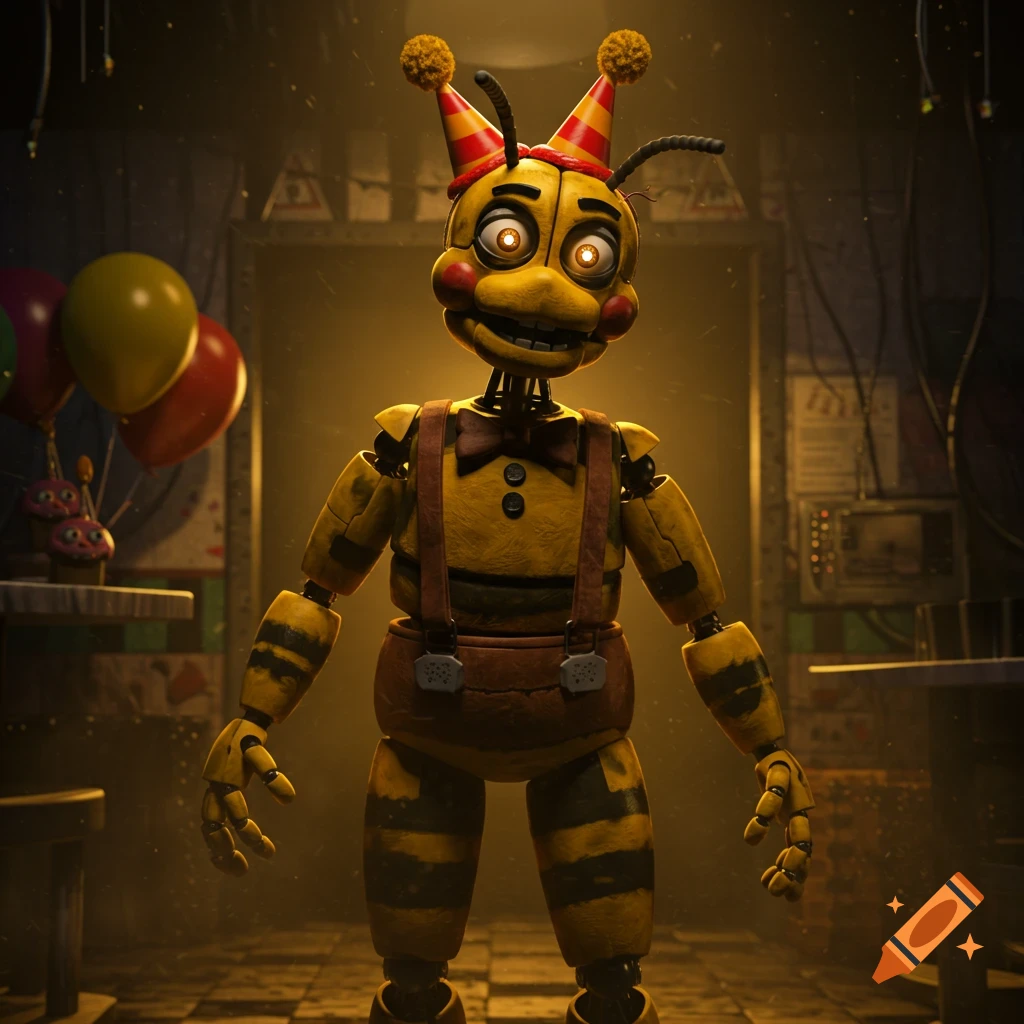 A yellow animatronic bumblebee character with red party hats and suspenders stands in a dark, grimy room with balloons.
