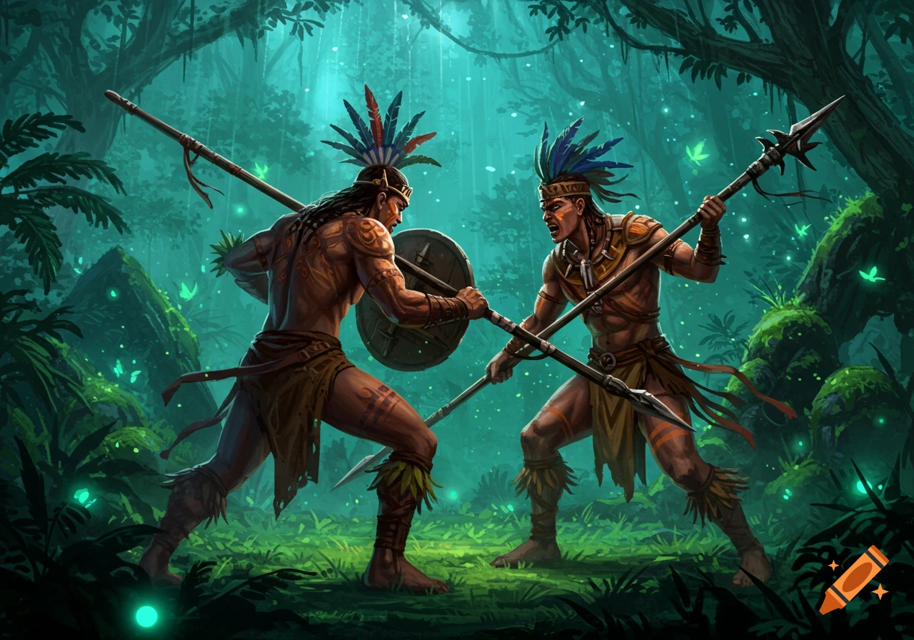 Two tribal warriors with feathered headwear and body paint battle with spears in a vibrant, mystical jungle.