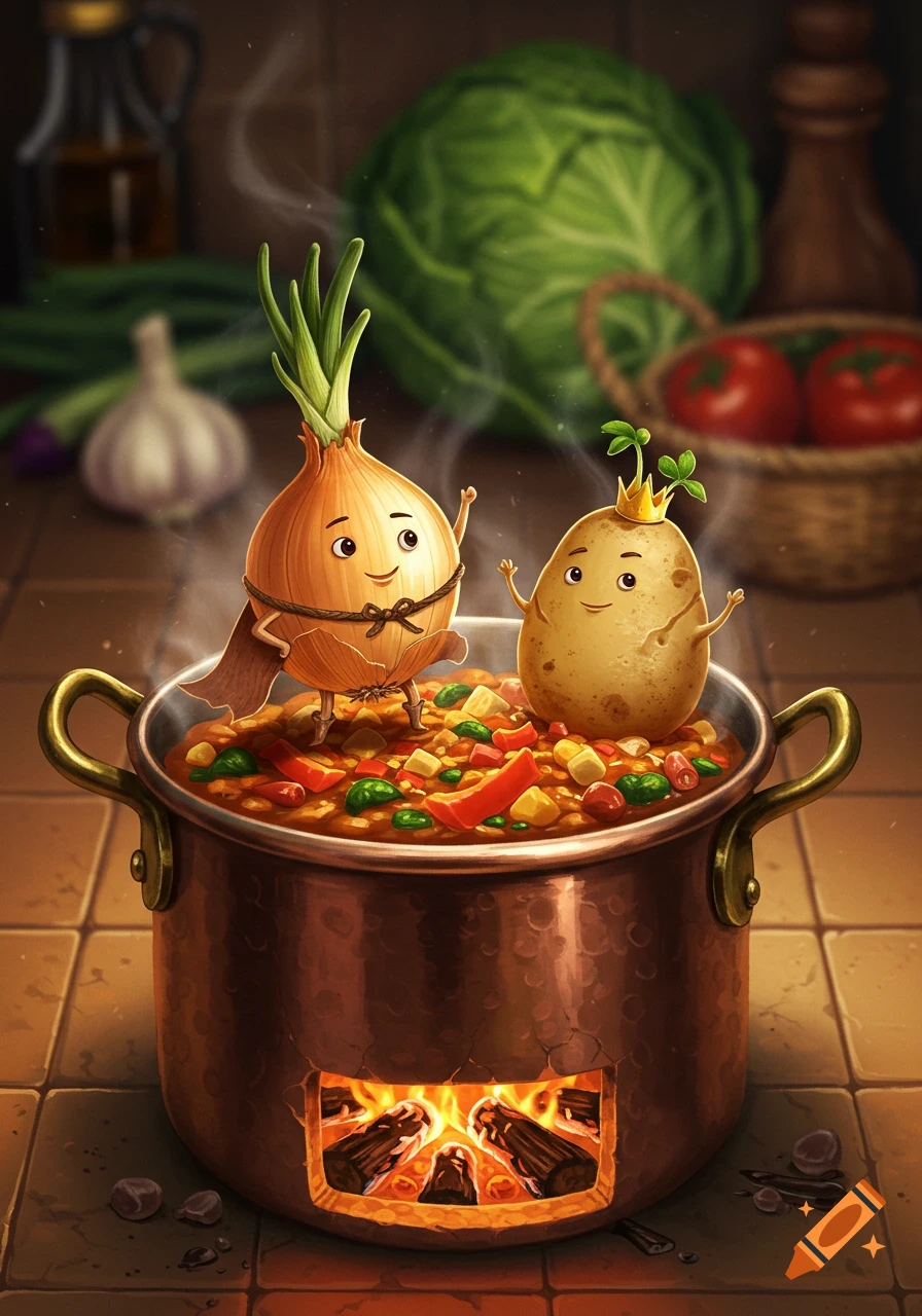 Whimsical cartoon of an anthropomorphic onion and potato in a pot of stew, heating over a fire in a rustic kitchen.