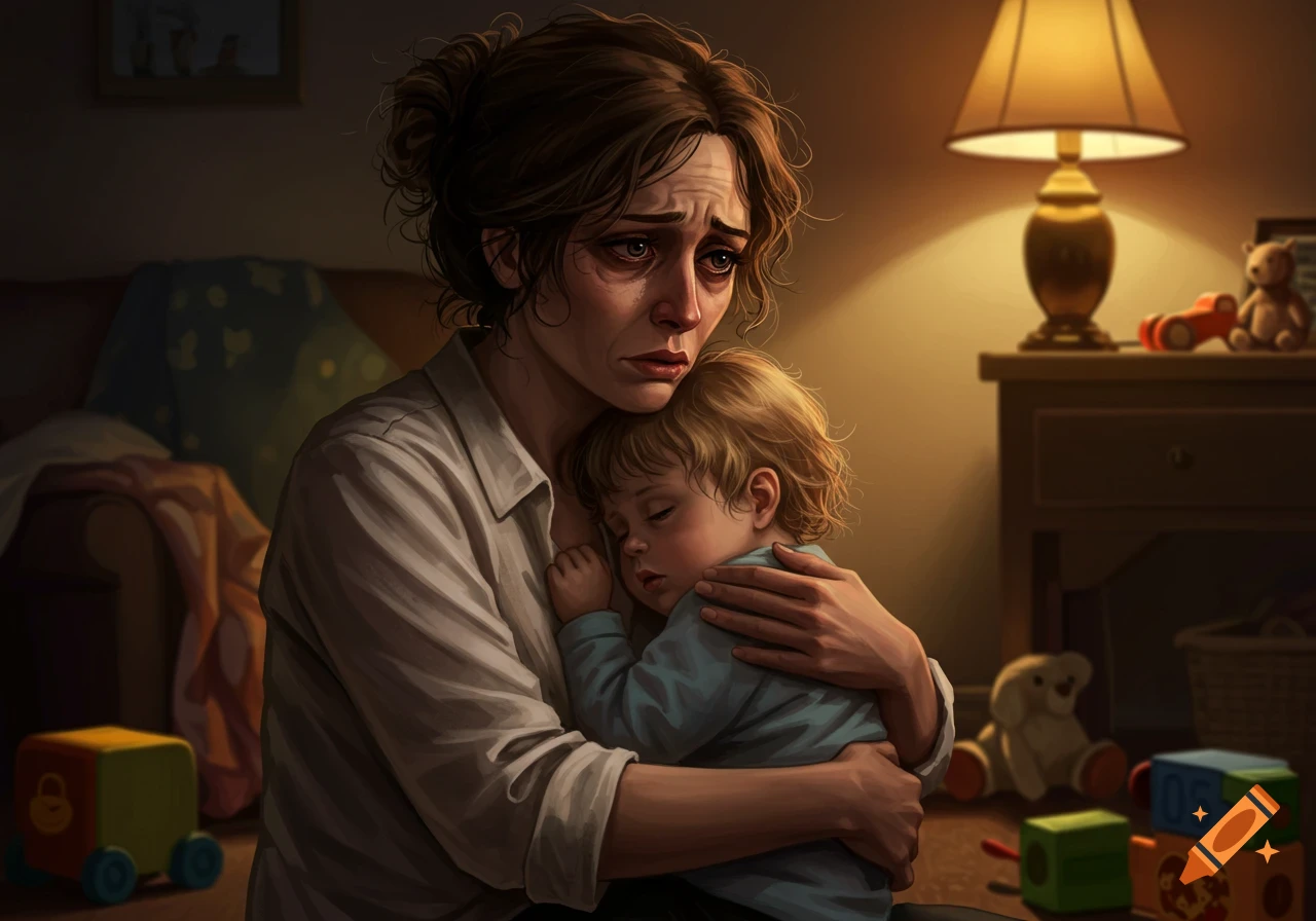 A distressed mother with dark circles under her eyes holds her sleeping child tightly in a dimly lit room, photorealistic.