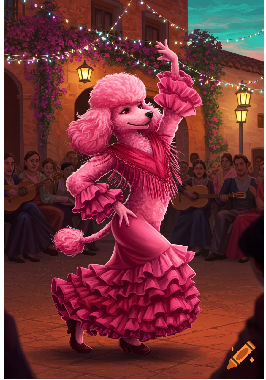 A vibrant pink poodle in a ruffled flamenco dress dances gracefully on a festive outdoor street, surrounded by musicians and string lights.