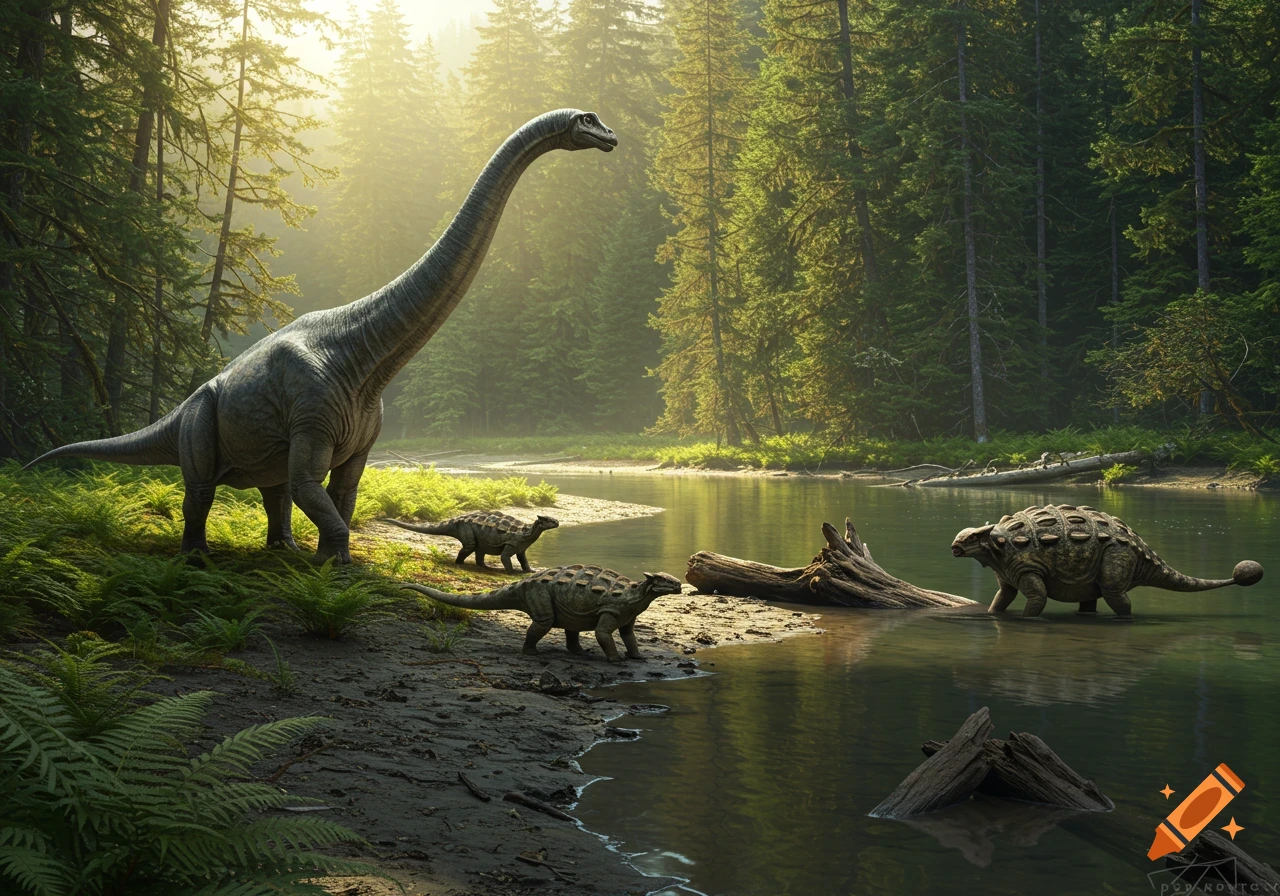 Photorealistic image of a large long-necked dinosaur and three smaller armored dinosaurs by a river in a lush forest with warm morning light.