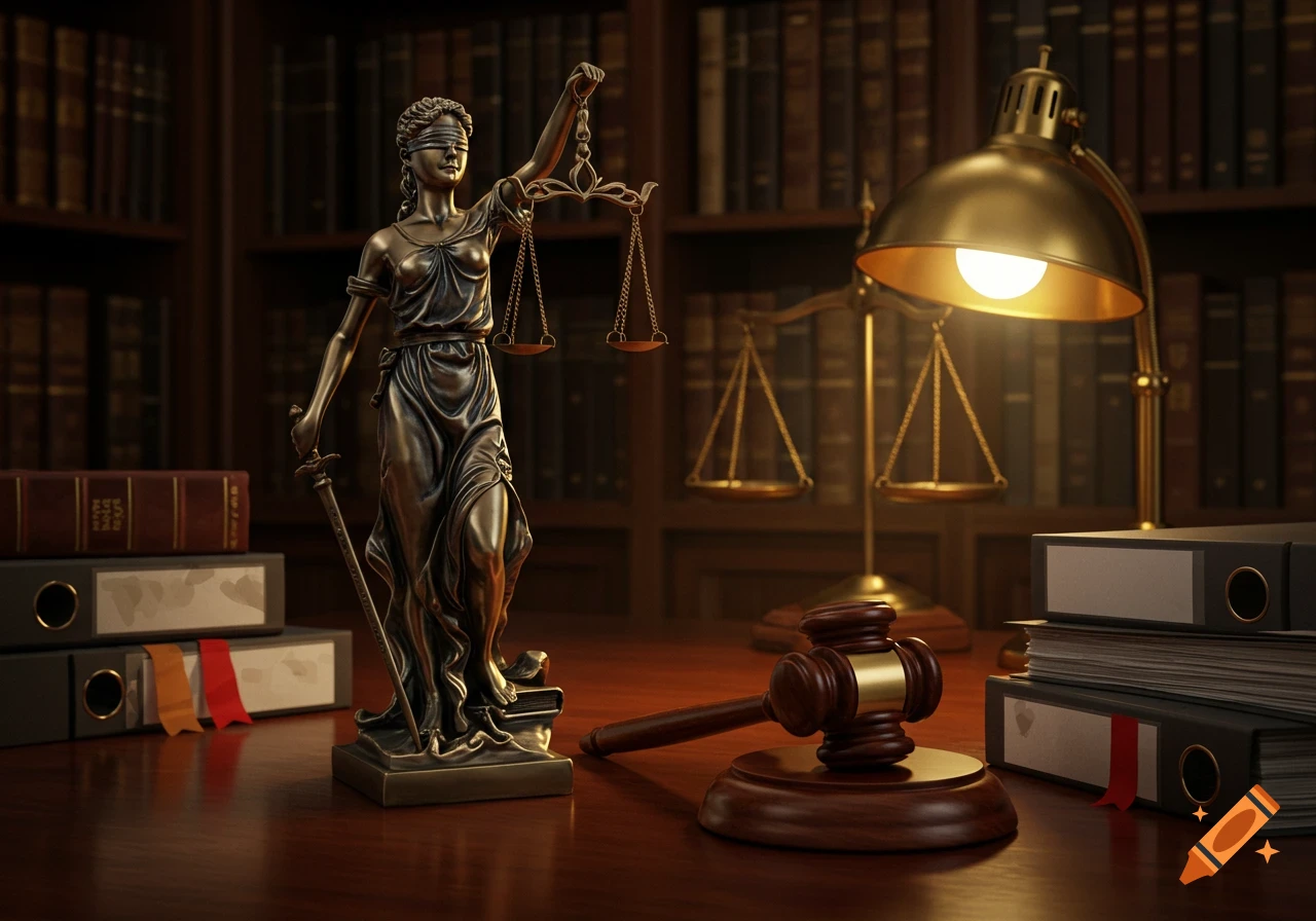 A bronze Lady Justice statue holding scales and a sword, next to a wooden gavel and legal files on a lawyer's desk.