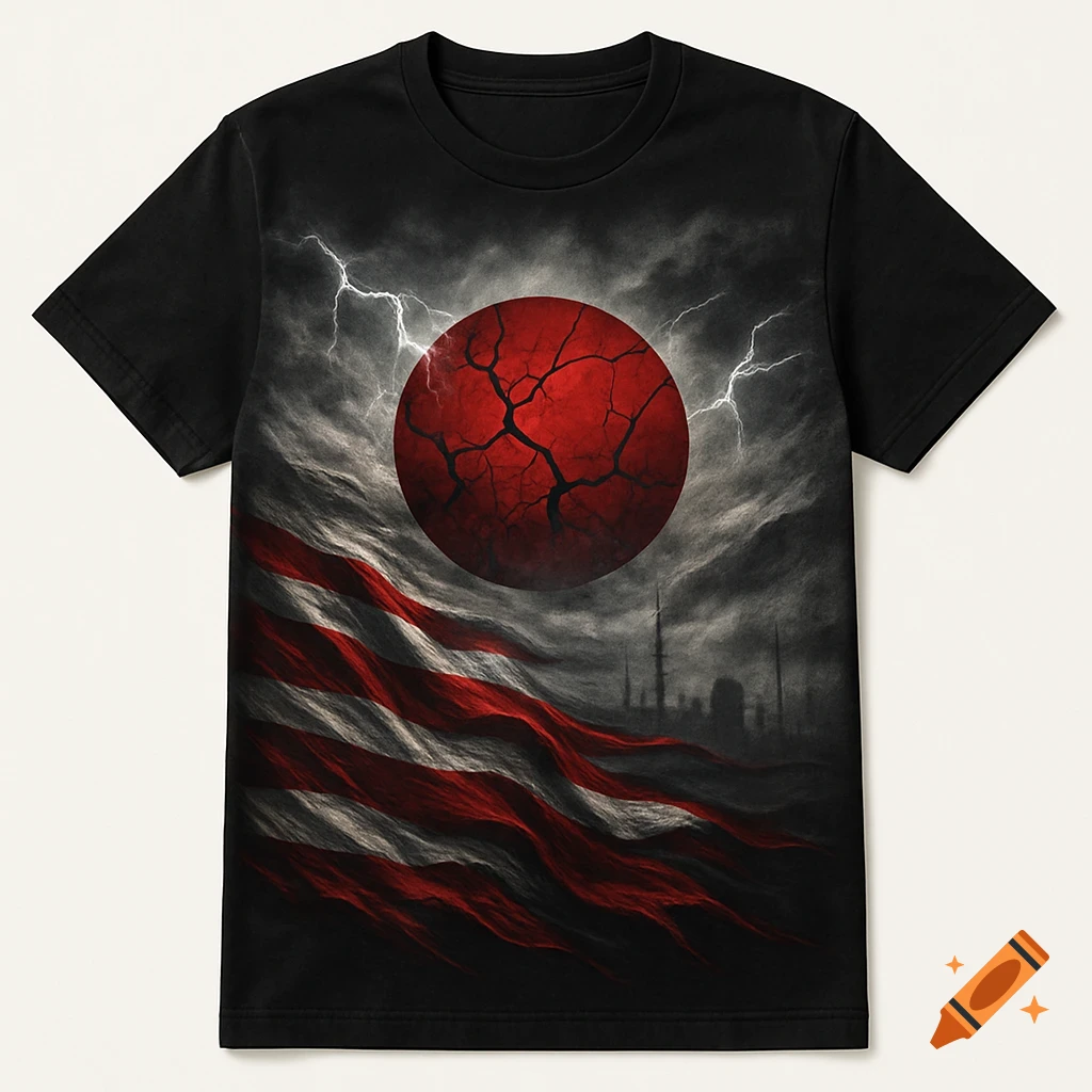 A black t-shirt with a dark, dystopian design featuring a cracked red sun, lightning bolts, a dark city skyline, and wavy red and white stripes.