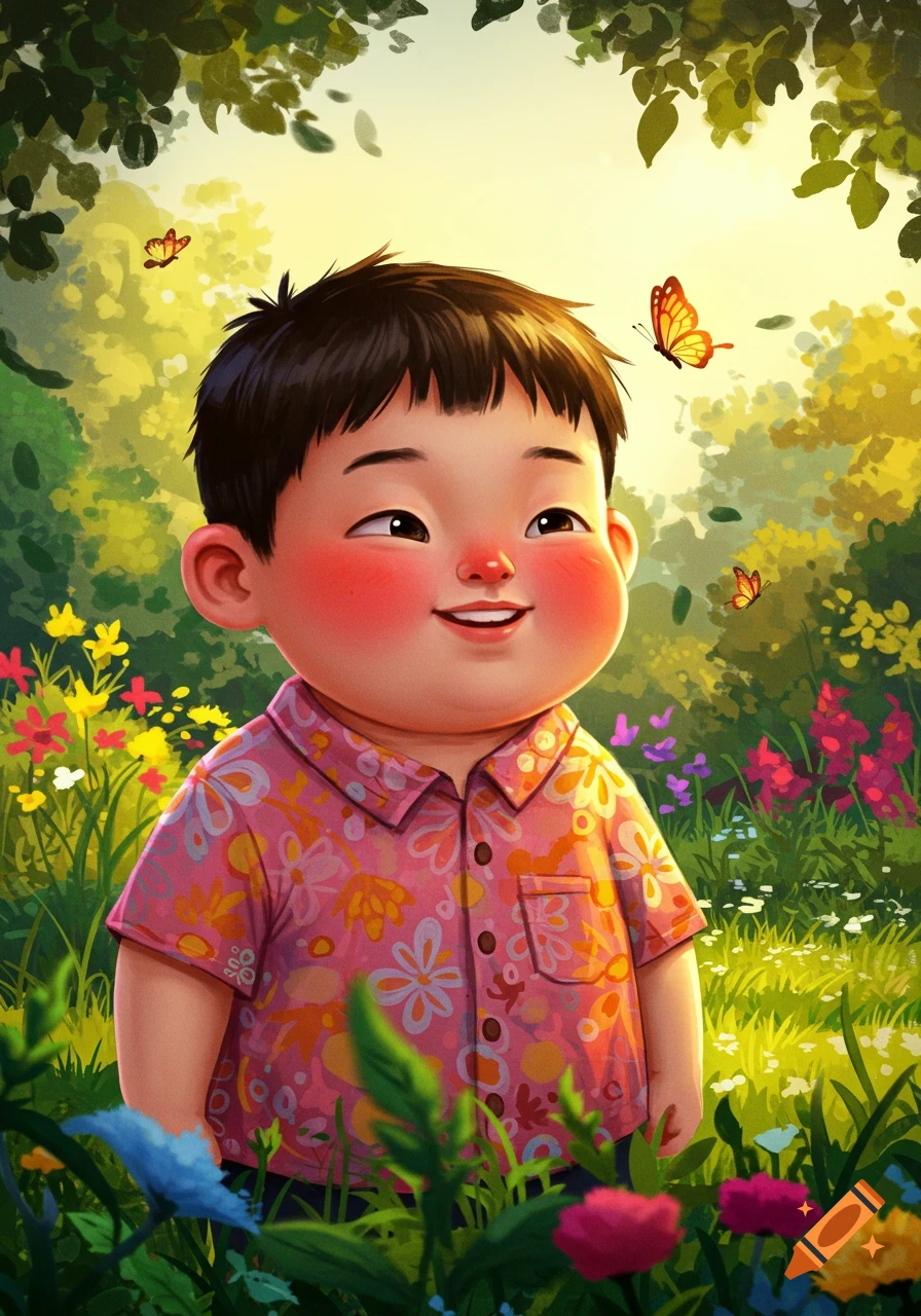 A cheerful cartoon boy with rosy cheeks smiles up at butterflies in a bright, lush garden with colorful flowers.