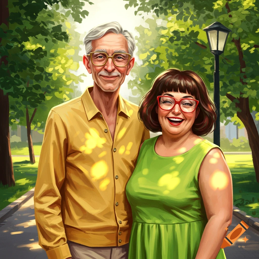 An illustration of a smiling elderly couple in a park. The man has grey hair and glasses, wearing a yellow shirt. The woman has short brown hair, red glasses, and wears a green dress.