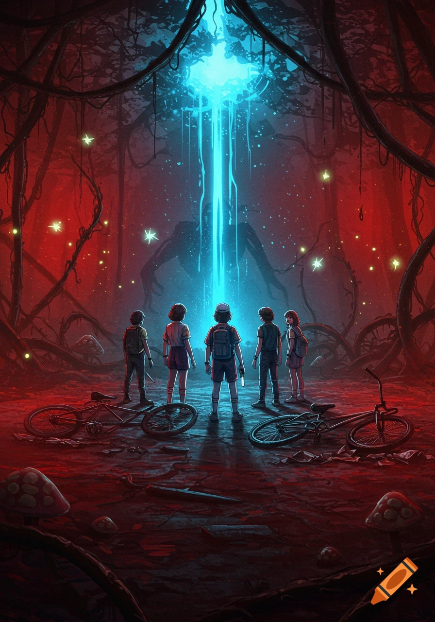 Five kids stand before a glowing blue portal and shadowy monster in a dark, red-lit Upside Down-like forest, with bicycles on the ground.