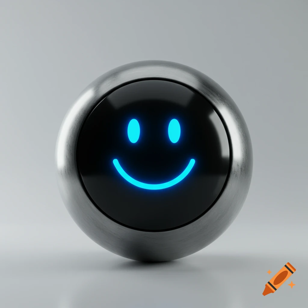 A sleek, brushed metal sphere features a black LED screen displaying a glowing blue emoticon smiley face.