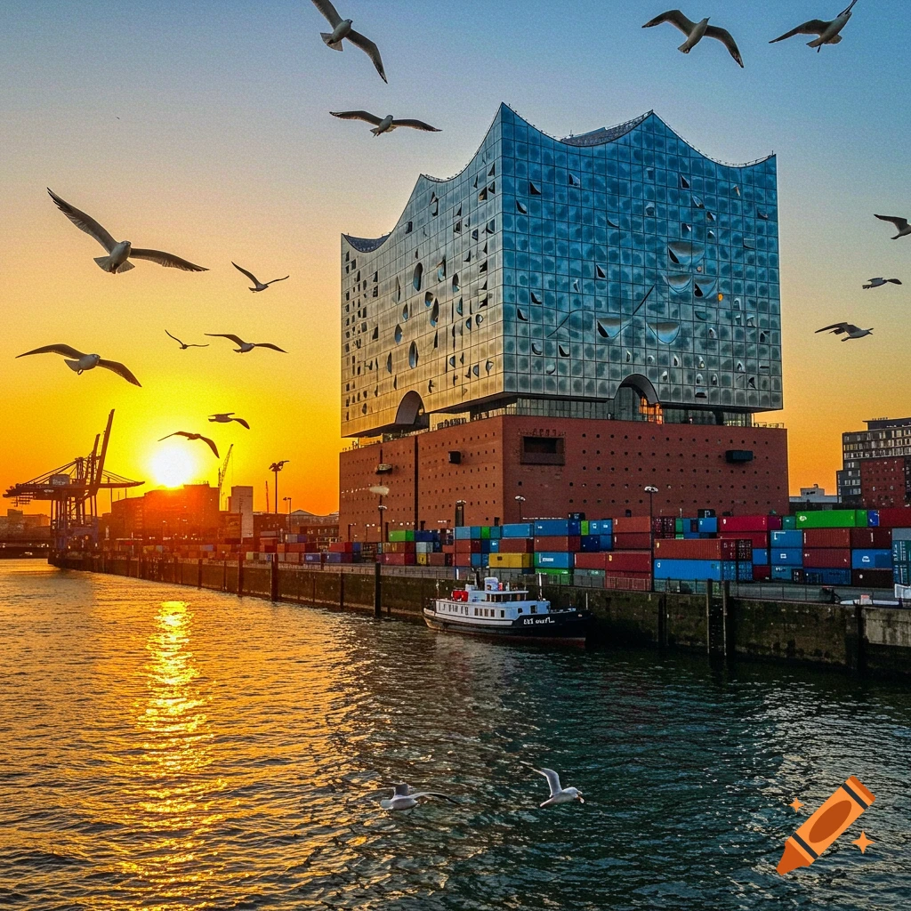 A vibrant sunset over the Elbphilharmonie in Hamburg harbor, with seagulls flying and a boat docked near cargo containers.