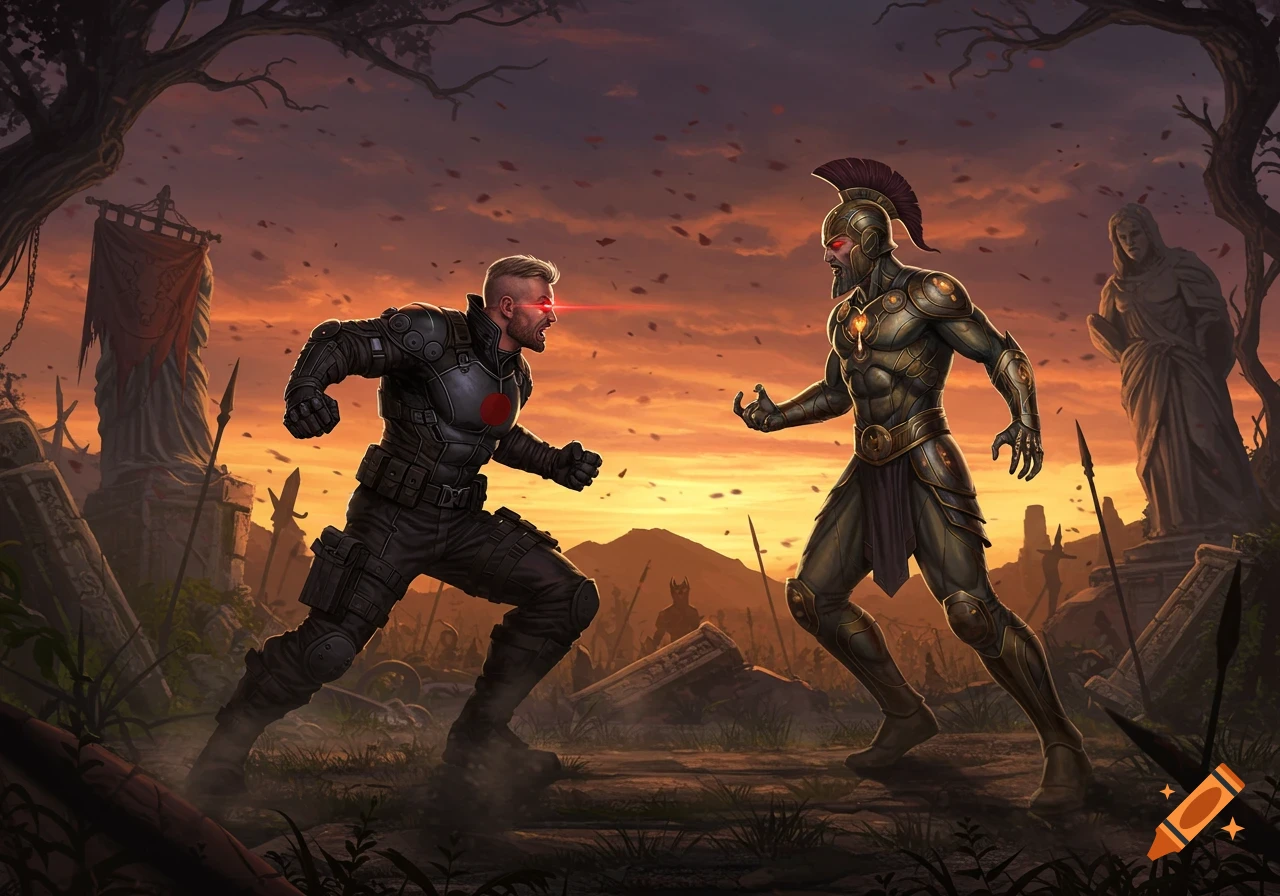 Two warriors, one with red laser eyes in tactical gear, the other in golden ancient armor, confront on a ruined battlefield at sunset.