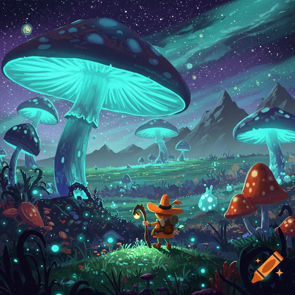 A small adventurer with a staff walks through a vibrant fantasy landscape with giant glowing blue mushrooms under a starry, aurora-lit sky.