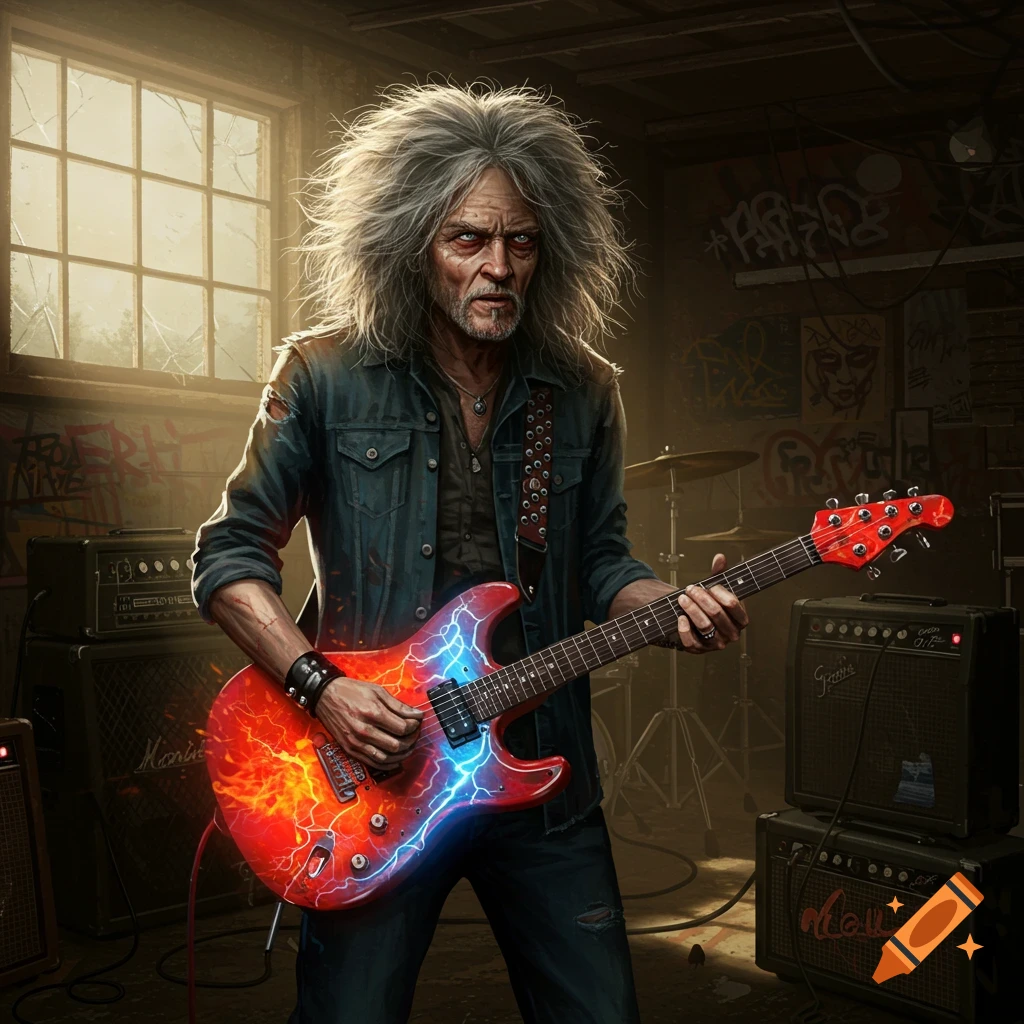 A grizzled old rock musician with wild grey hair plays an electric guitar with lightning effects in a grungy room.
