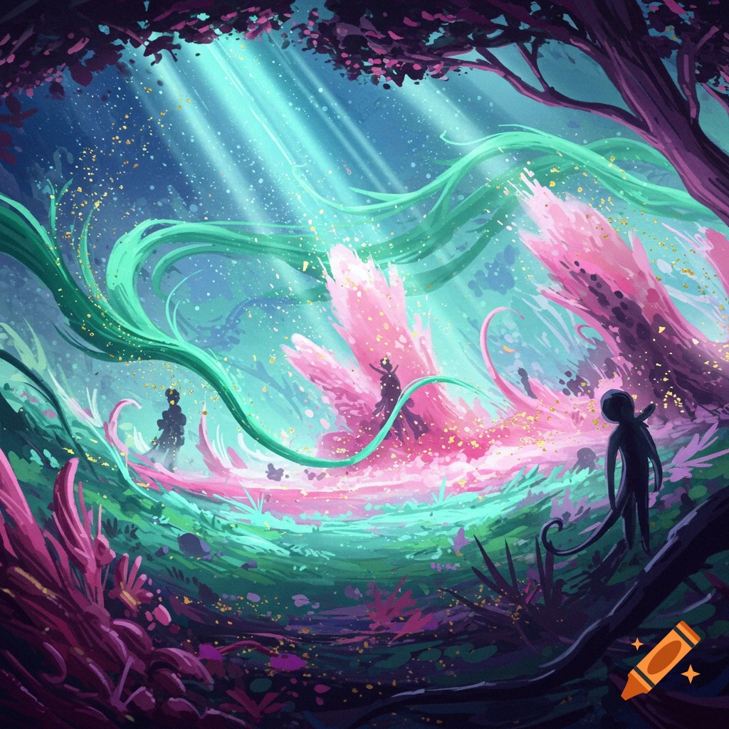 Vibrant fantasy landscape with glowing pink and green plants, light rays, and small dark figures.
