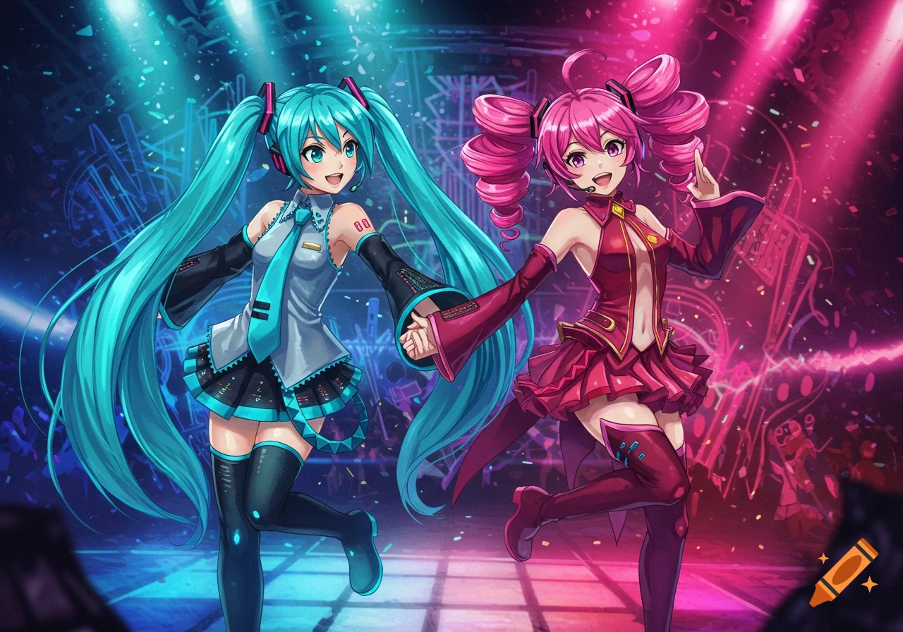 Anime characters Hatsune Miku and Kasane Teto, with long blue and pink pigtails respectively, smile and hold hands on a vibrant stage under spotlights.