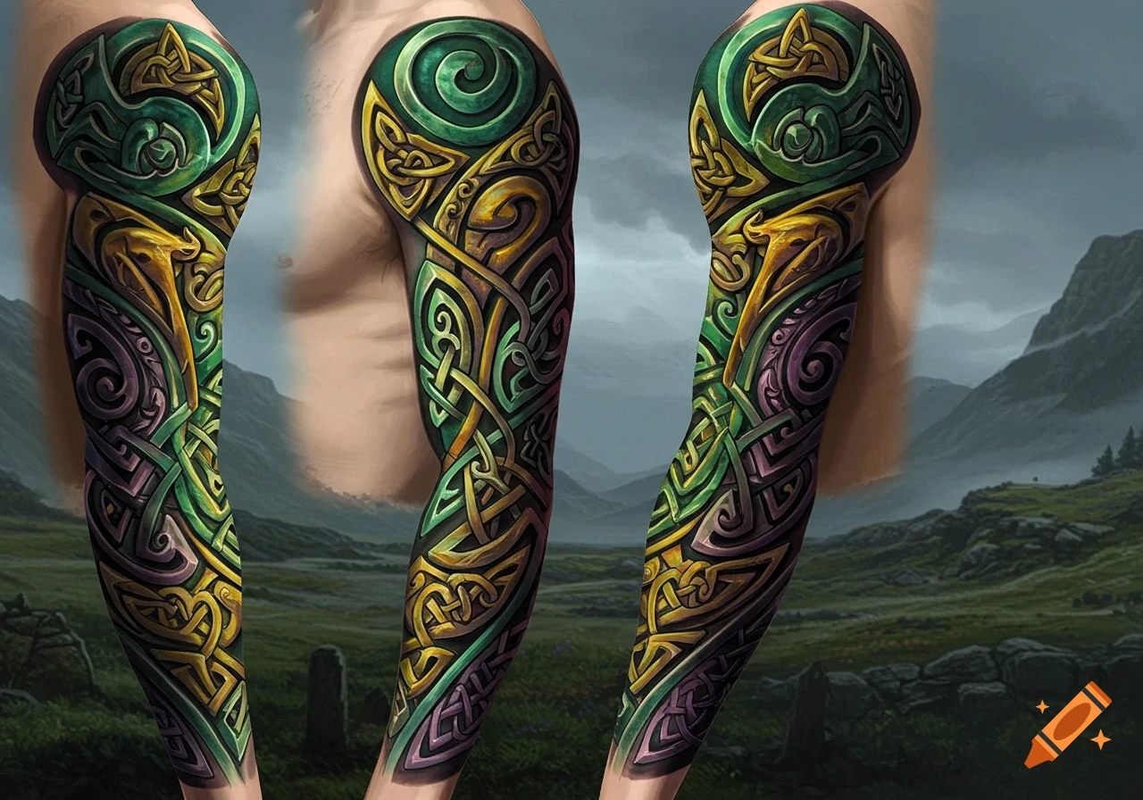 A vibrant Celtic sleeve tattoo in green, gold, and purple, featuring intricate knotwork and stylized animal forms, on an arm against a misty landscape.