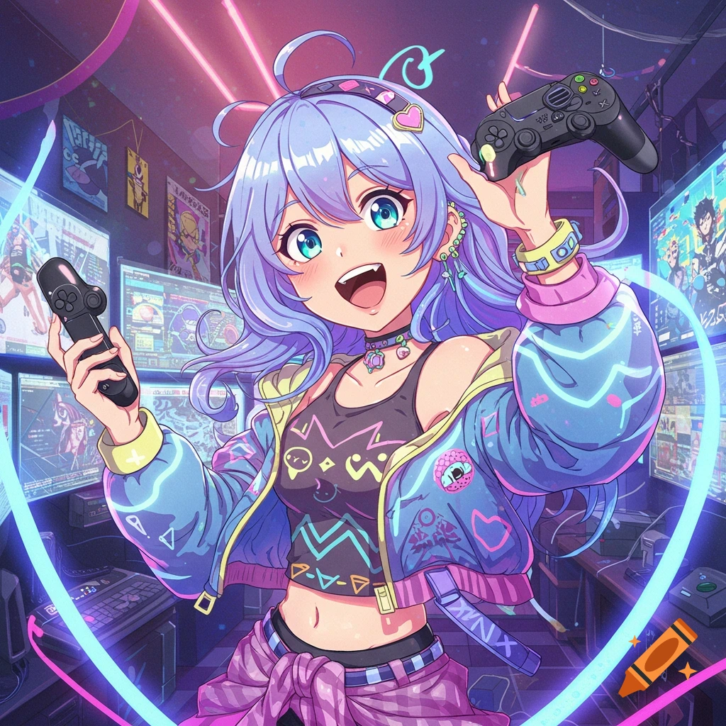 An ecstatic anime girl with lavender hair holds two gaming controllers in a neon-lit cyber gaming room.