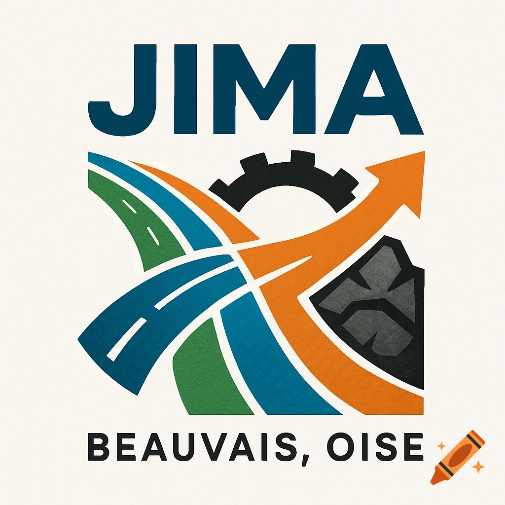 Logo for JIMA Beauvais, Oise, featuring stylized roads, a gear, an upward arrow, and rock shapes.