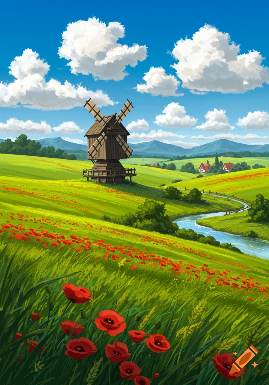 A vibrant illustration of a countryside landscape with a wooden windmill in a poppy field, a winding river, distant mountains, and a bright blue sky.