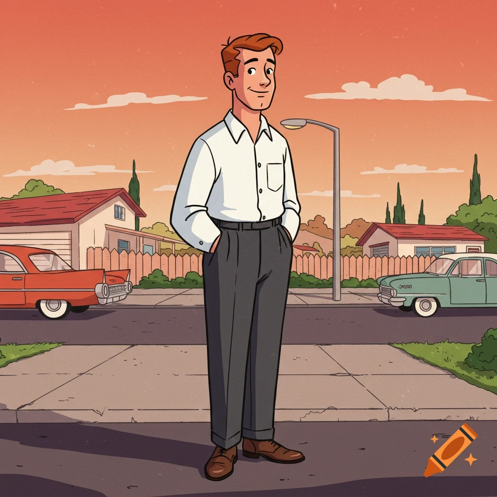 A cartoon man in 1950s attire stands on a suburban sidewalk with vintage cars at sunset in a Hanna-Barbera style.