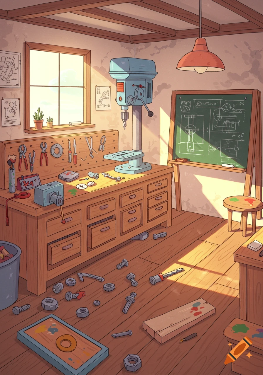 Cartoon illustration of a sunlit messy workshop with a workbench, drill press, blackboard with diagrams, and scattered tools and nuts.
