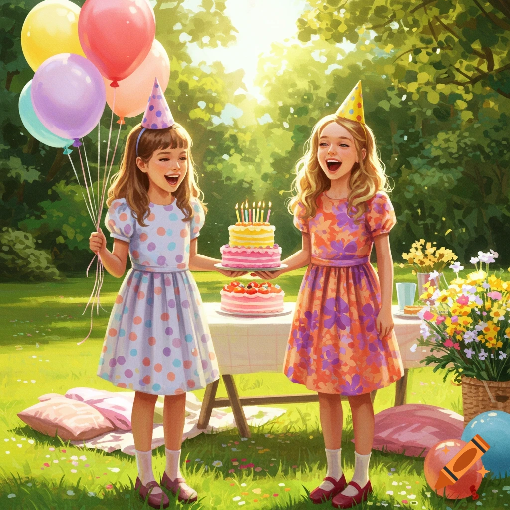 Two girls celebrating a birthday outdoors, holding colorful balloons and cakes in a sunny park.