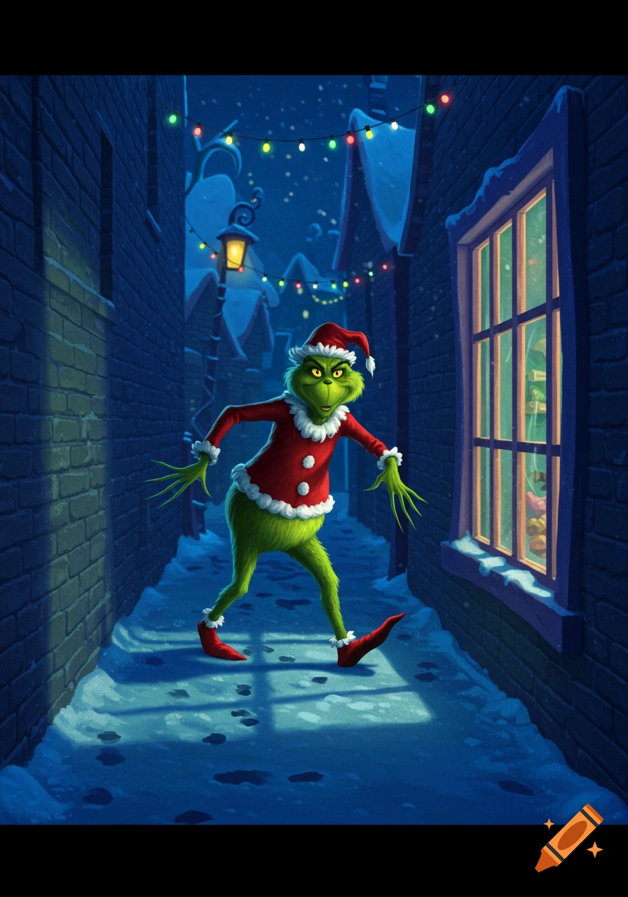 The Grinch dressed as Santa Claus, sneaking down a snowy alley at night, peeking into a lit window. Cartoon style.