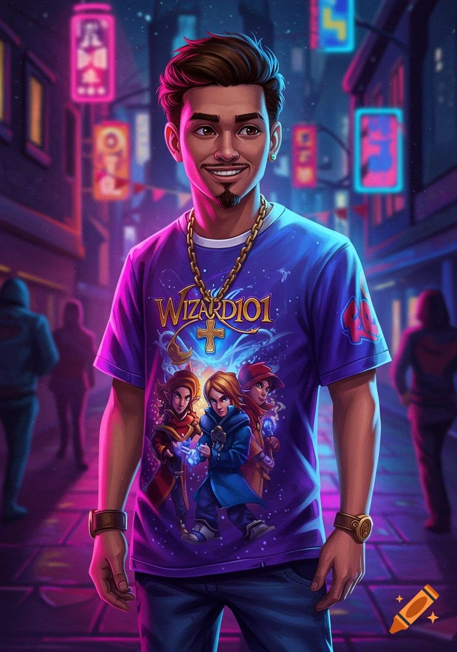 Stylized illustration of a smiling man in a Wizard101 t-shirt and gold chain in a neon-lit urban street.