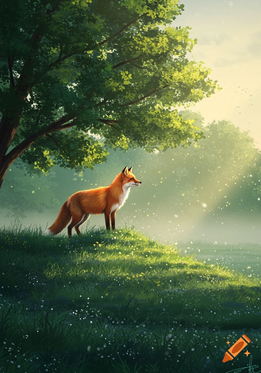 A vibrant orange fox stands on a grassy hill bathed in golden light from a sunrise, with a large tree overhead and sparkling mist in the background, in a digital painting style.