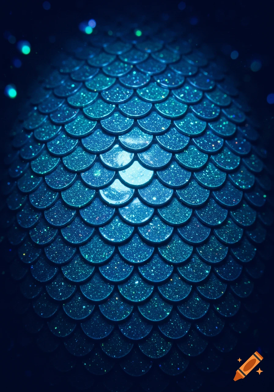 Close-up of sparkling blue-green mermaid or fish scales under UV light, covered in glitter.