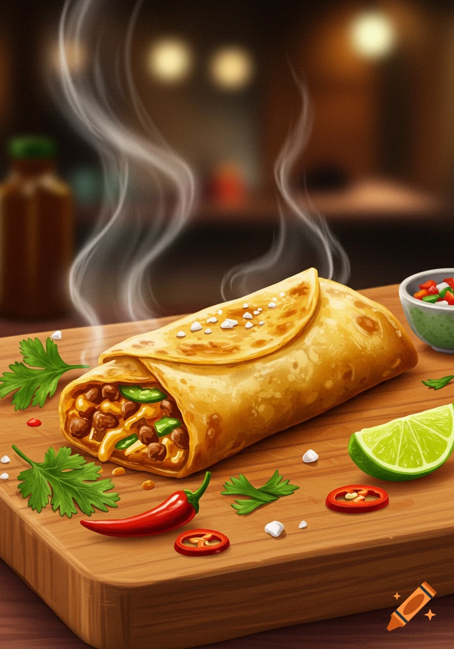 A steaming chimichanga on a wooden cutting board with a red chili, lime wedge, and cilantro in an illustrated style.