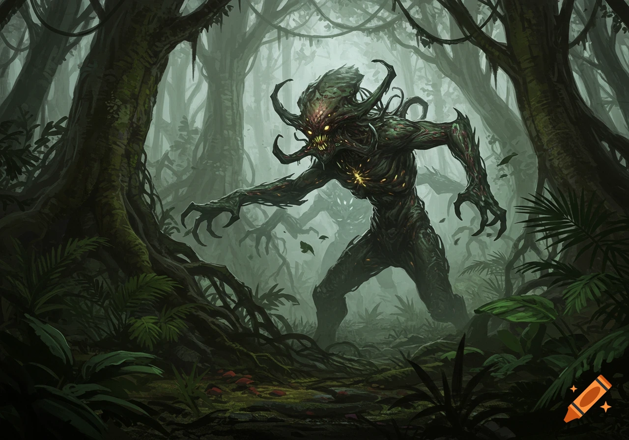A menacing, horned, root-like monster with glowing eyes and chest stands in a foggy, dense jungle, fantasy art style.