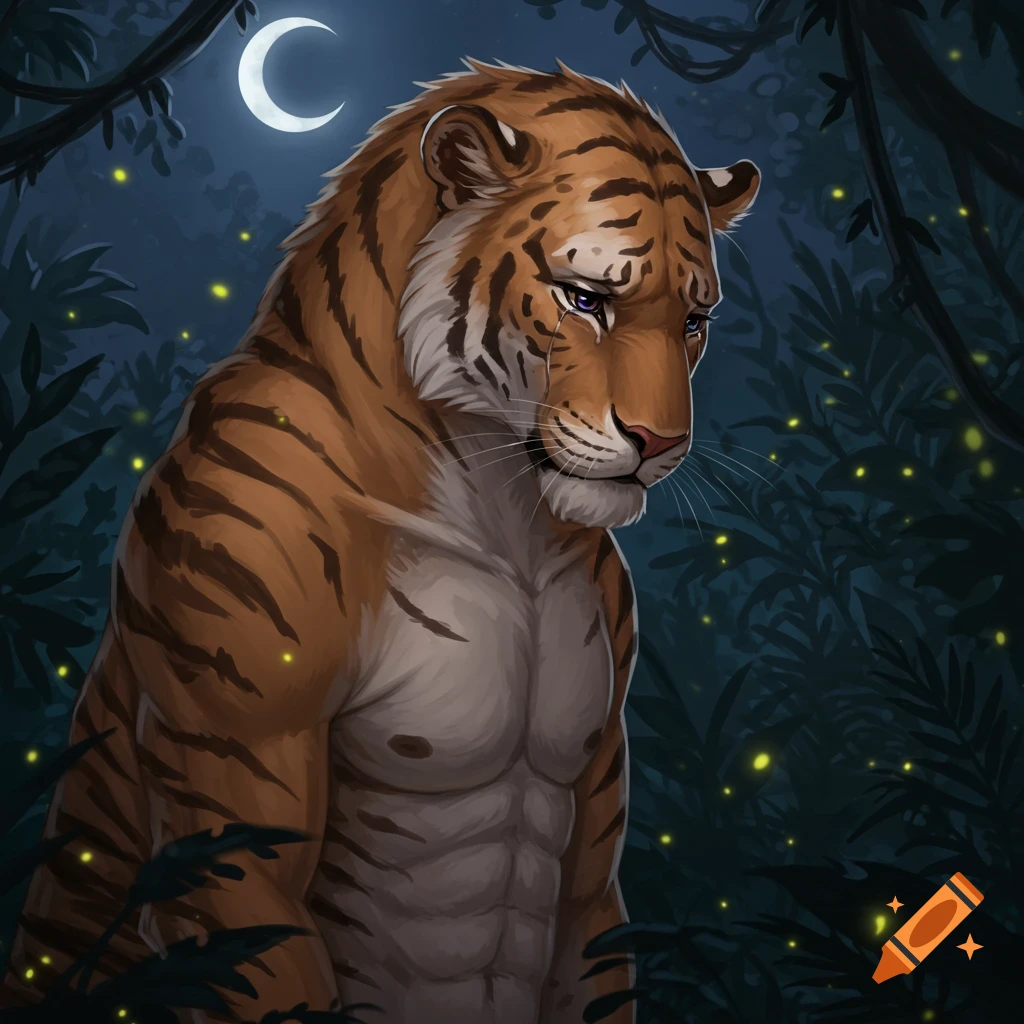 A sad, muscular anthropomorphic tiger with purple tears sits in a dark, moonlit jungle with glowing fireflies.
