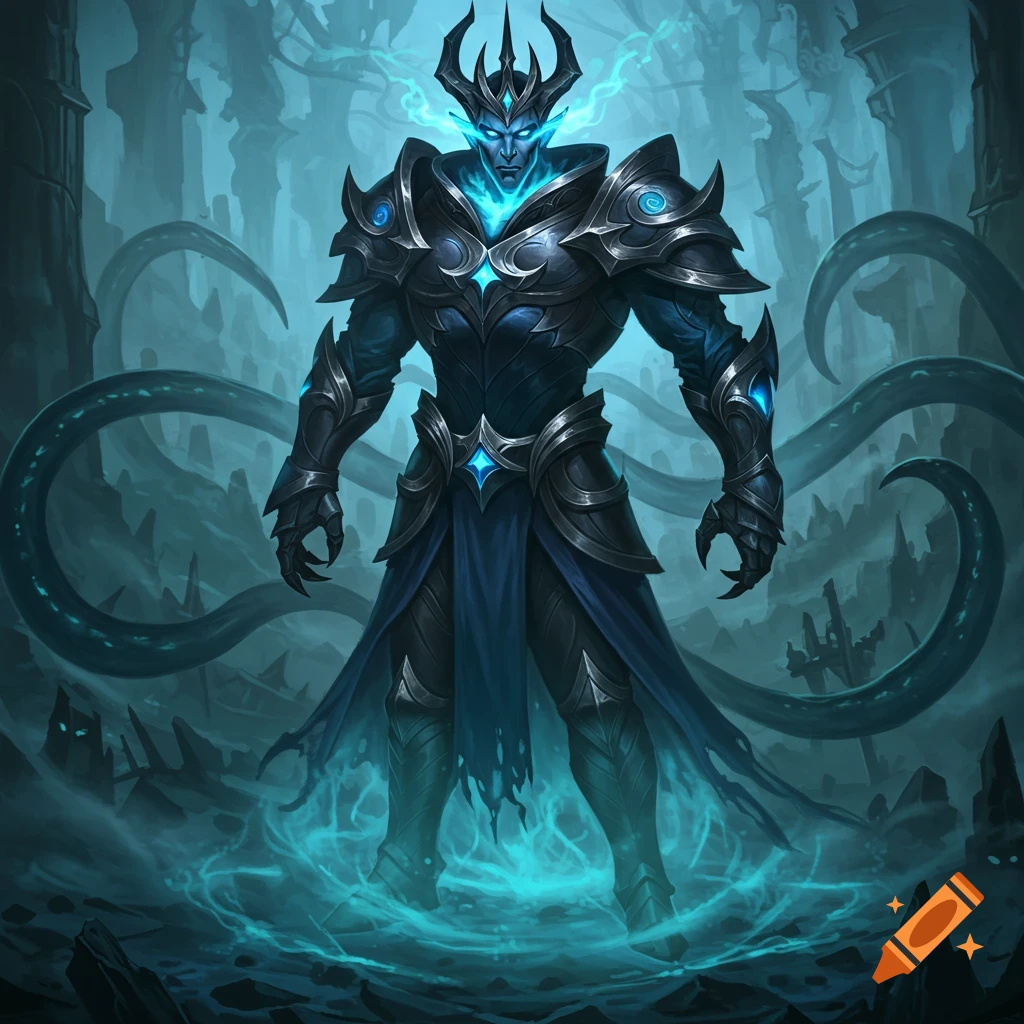 A dark fantasy lord in ornate black and blue armor with glowing blue eyes and an aura, standing in a misty, gnarled landscape.