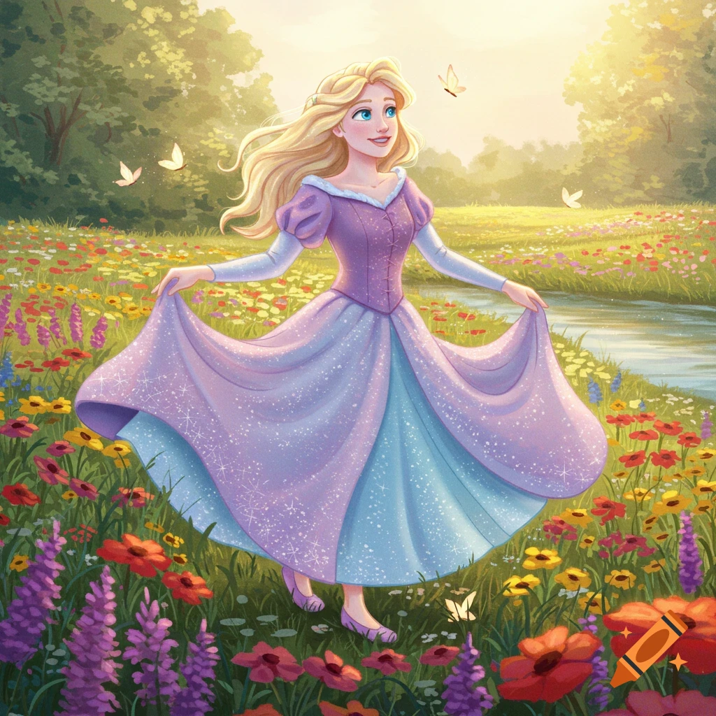 An illustrated blonde princess in a flowing purple gown stands in a bright, flower-filled meadow with butterflies and a stream.