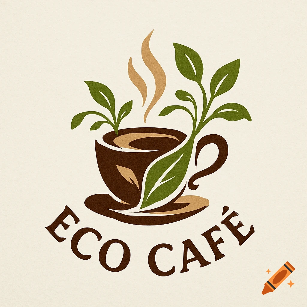 Stylized logo for Eco Café featuring a coffee cup with steaming coffee and green leaves.