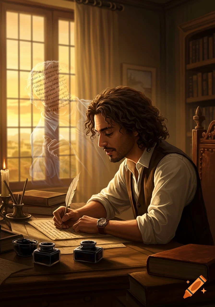 A man with curly hair and a beard writes at a wooden desk with a quill and ink, while a translucent, ghostly figure of the same man, covered in illegible text, stands behind him.
