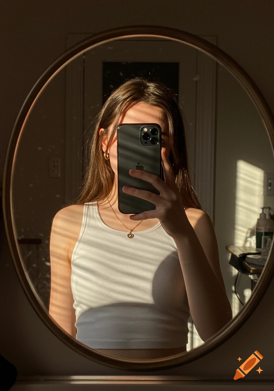 Photorealistic mirror selfie of a person in a white tank top, covering their face with a smartphone, with warm sunlight and shadows across the scene.