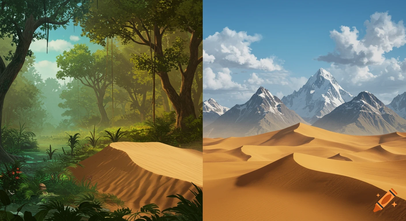 Split image of a lush green rainforest with a stream on the left, and golden desert dunes with snow-capped mountains on the right.