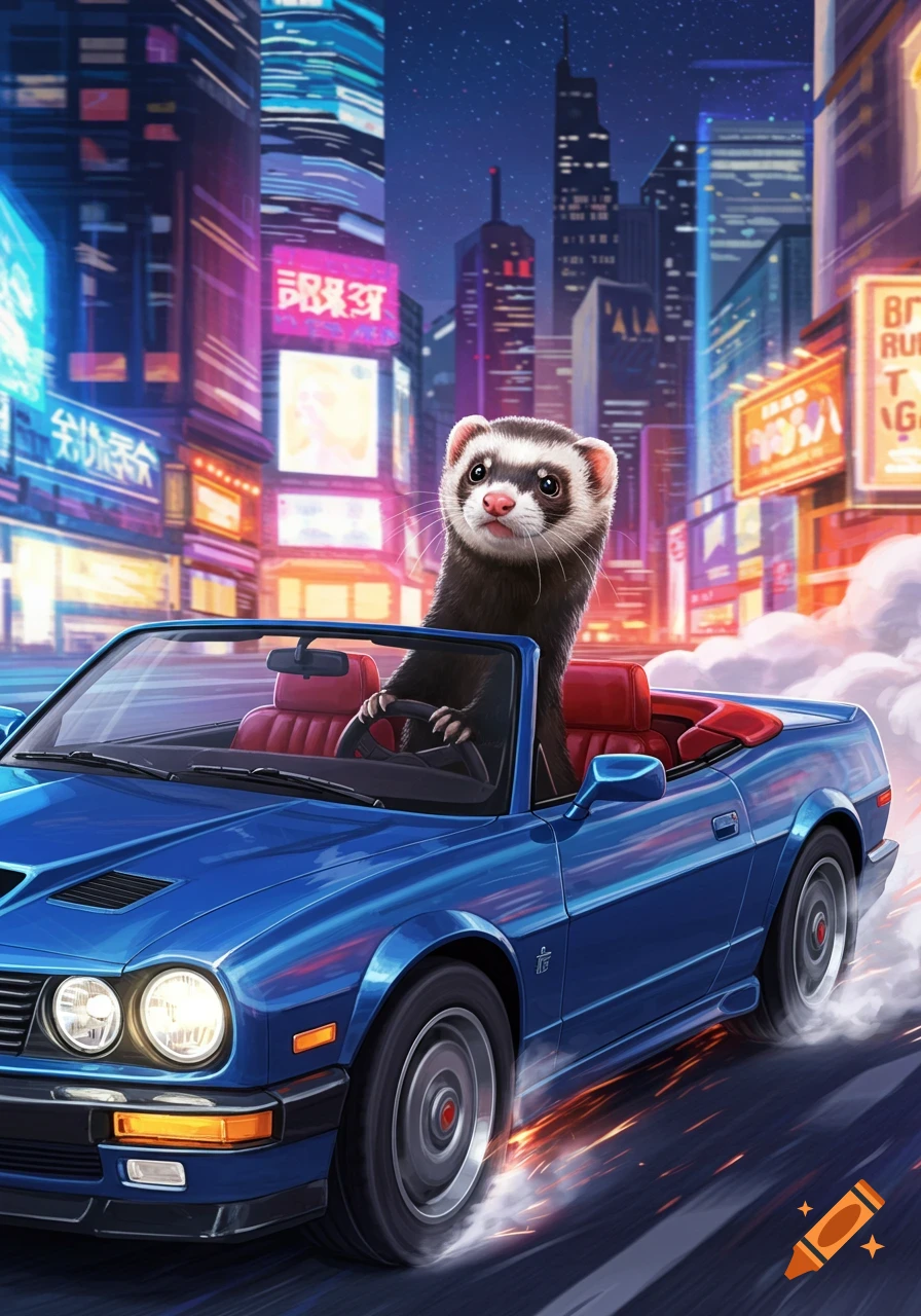 A cute ferret drives a blue convertible sports car, spinning its wheels on a neon-lit city street at night in an illustrative style.