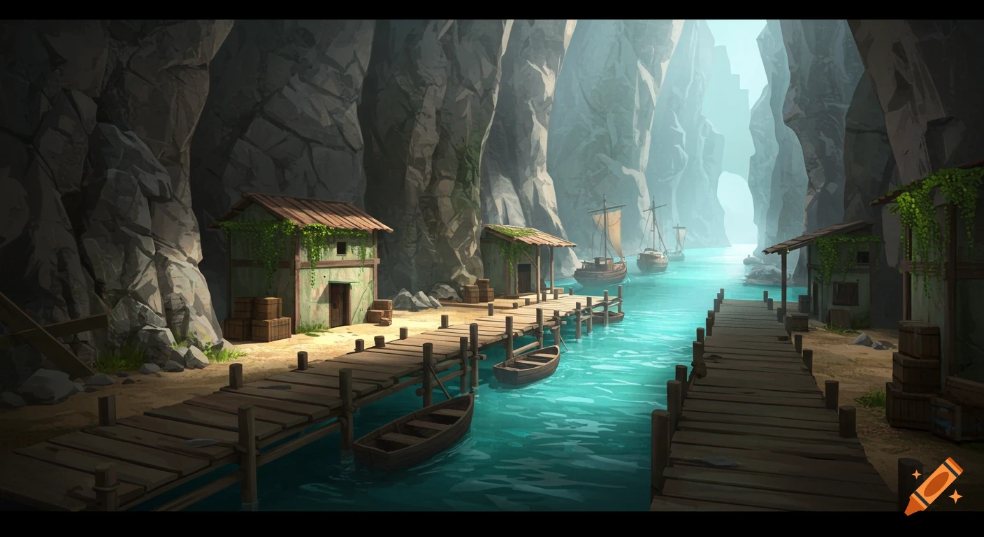 Stylized art of a tranquil harbor with docks, small buildings, and boats nestled within a vast cave or alcove.