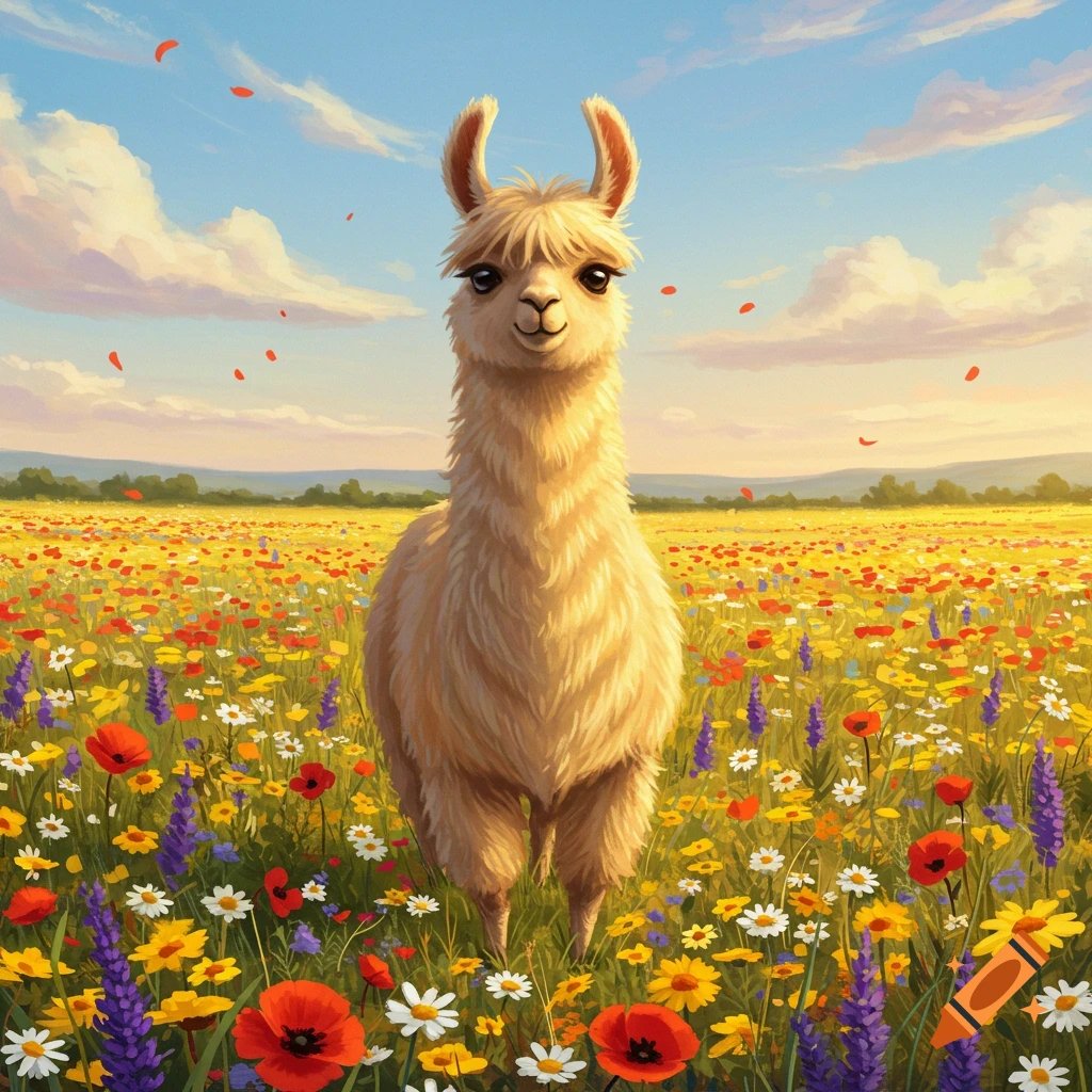 A fluffy llama stands in a vibrant field bursting with colorful wildflowers under a bright blue sky.