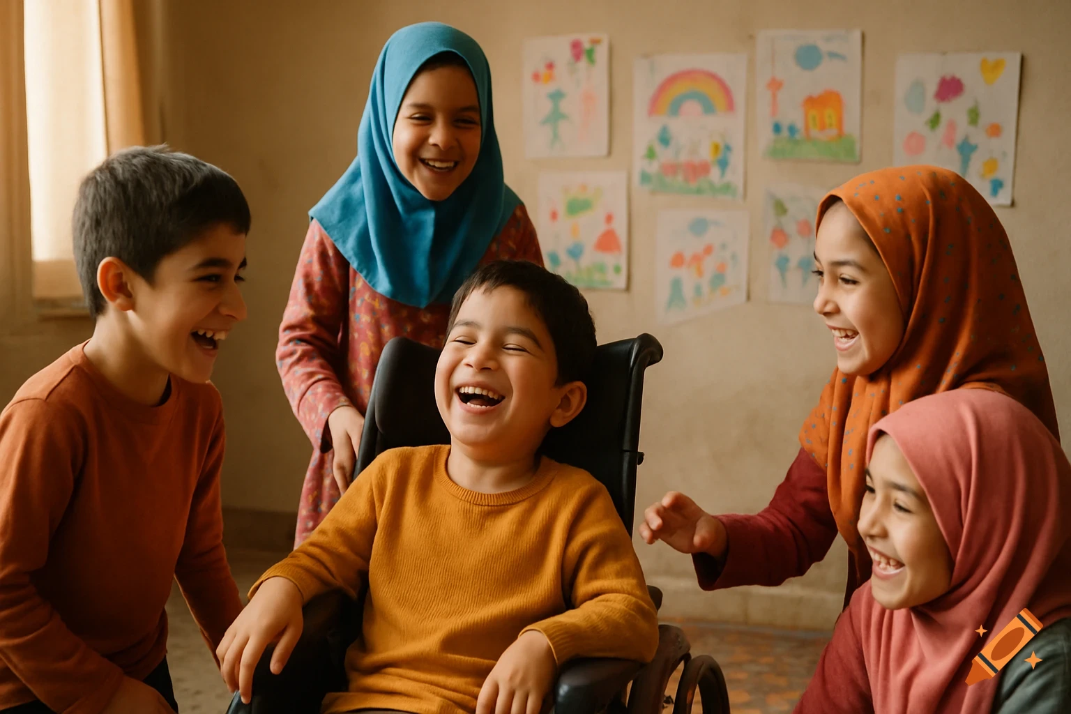 Smiling Iranian children, girls in hijabs, laugh around a boy in a wheelchair in a cozy home with drawings on the wall.
