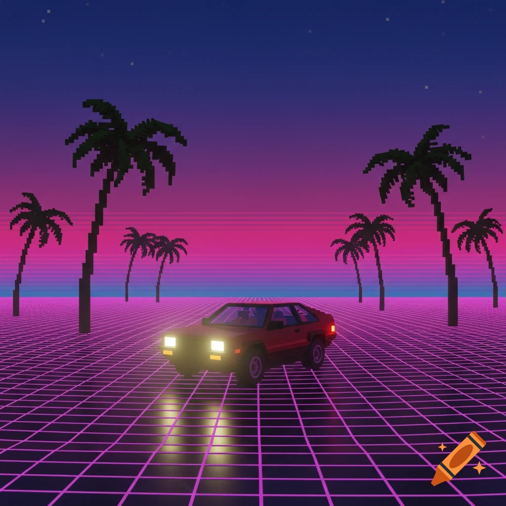 A pixel art red car on a neon grid with pixelated palm trees under a pink and purple synthwave sky.