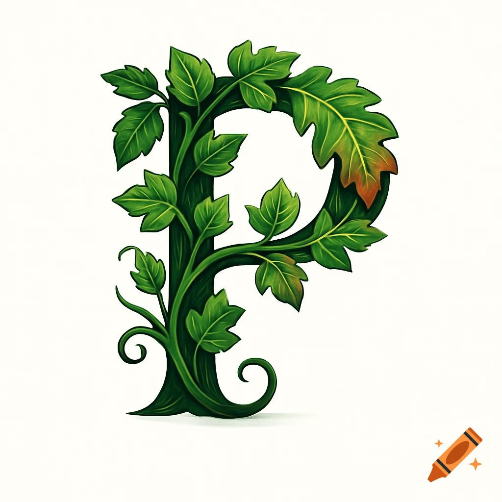 A stylized letter P formed by green vines and leaves, with some browning on one leaf, on a white background.