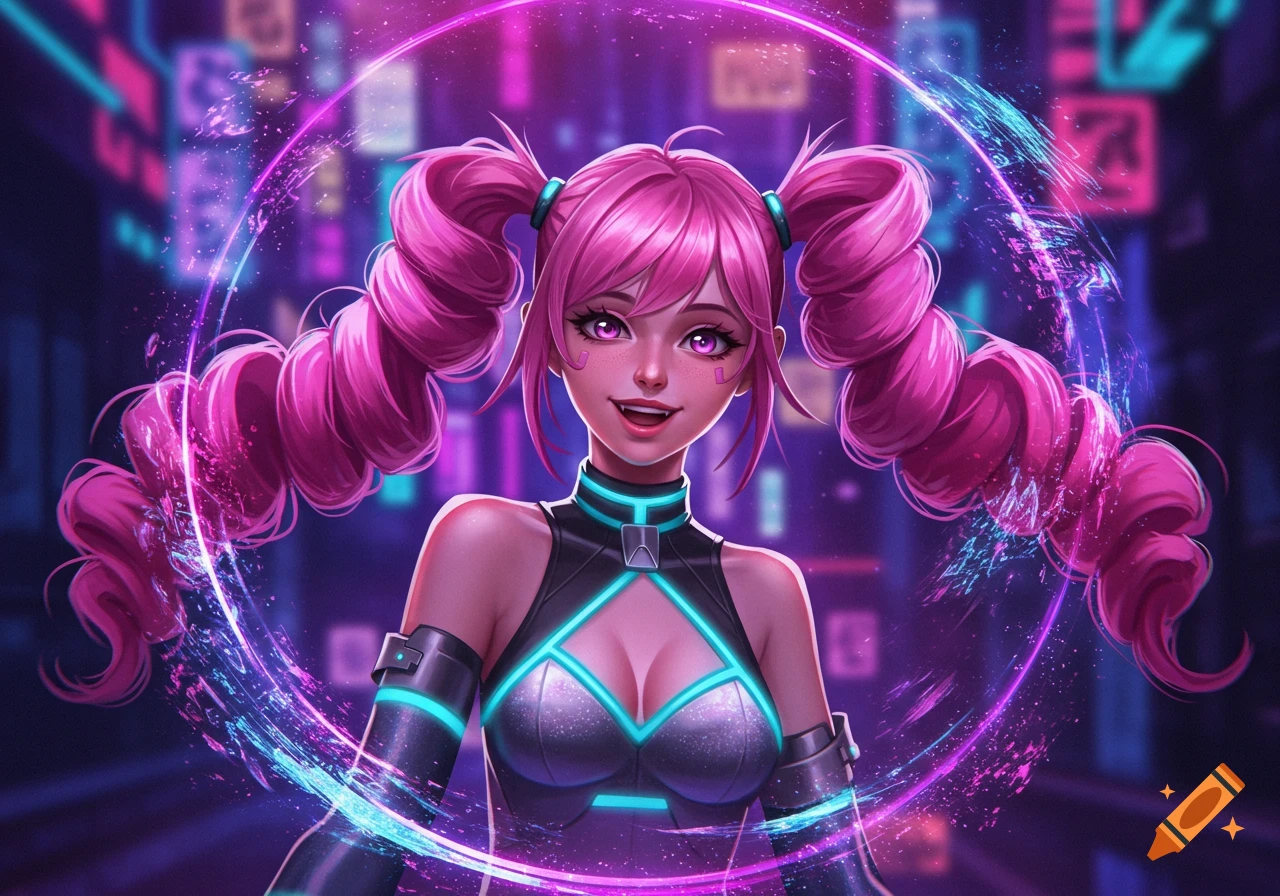 Vibrant anime girl with long pink pigtails in a cyberpunk outfit, surrounded by glowing neon rings against a dark city background.