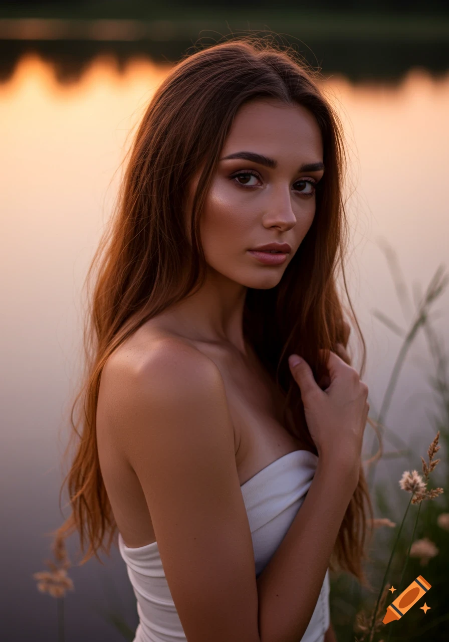 A photorealistic portrait of a woman with long brown hair in a white strapless top by a lake at sunset, looking directly at the viewer.
