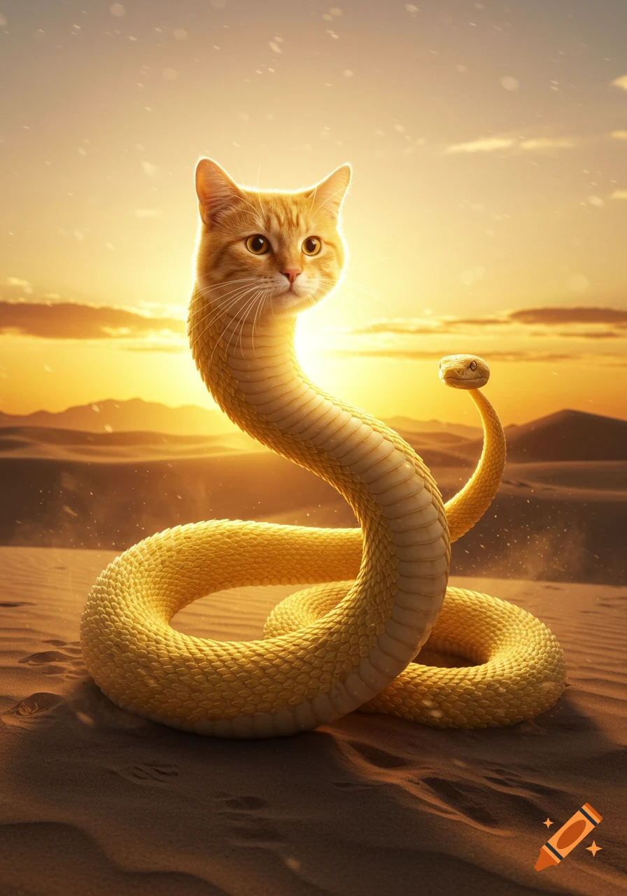 An orange cat's head on a yellow snake's body, with a smaller snake head on a second tail, in a desert at sunset.