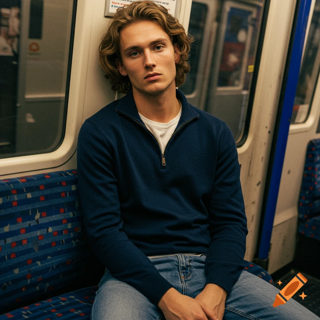 A young man with blond hair in a navy sweater and jeans sits on a London Underground train. Photorealistic.