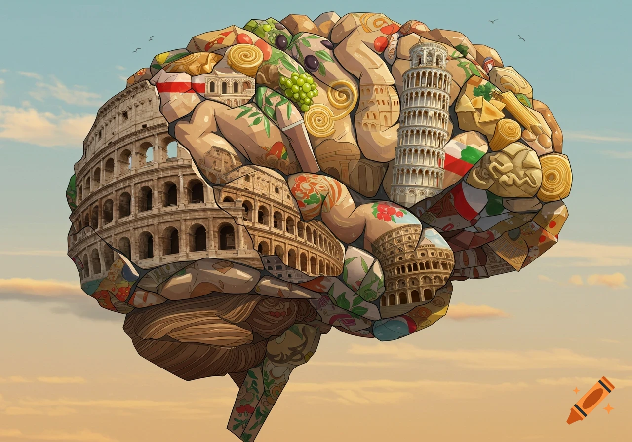 A stylized human brain composed of Italian landmarks and food items like the Colosseum, Leaning Tower of Pisa, grapes, and pasta, against a sky background.